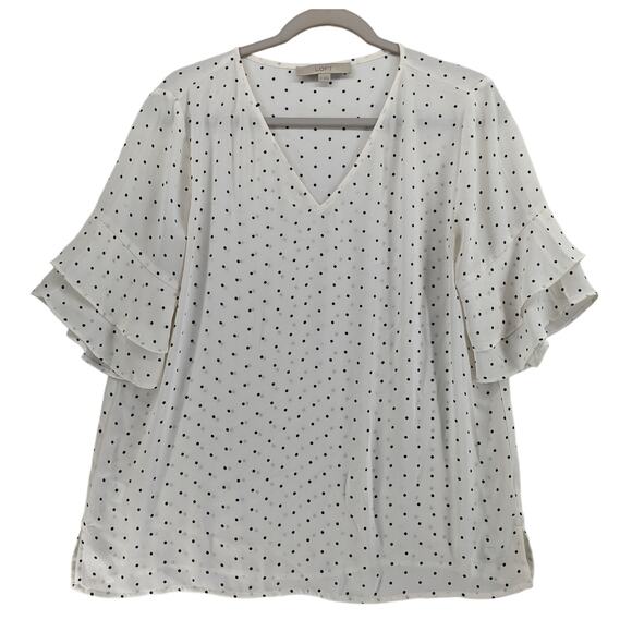 Loft Dot Print Blouse M White Black VNeck Flutter Layered Sleeve Slit‎ Flowy Top - Picture 1 of 8